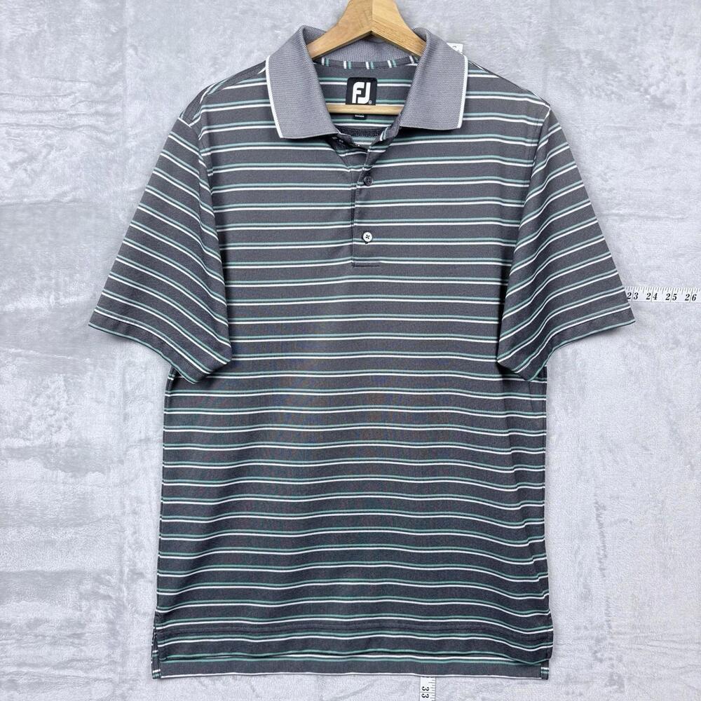 FJ FootJoy Striped Golf Polo Shirt Men Size M Gray Green Performance Polyester